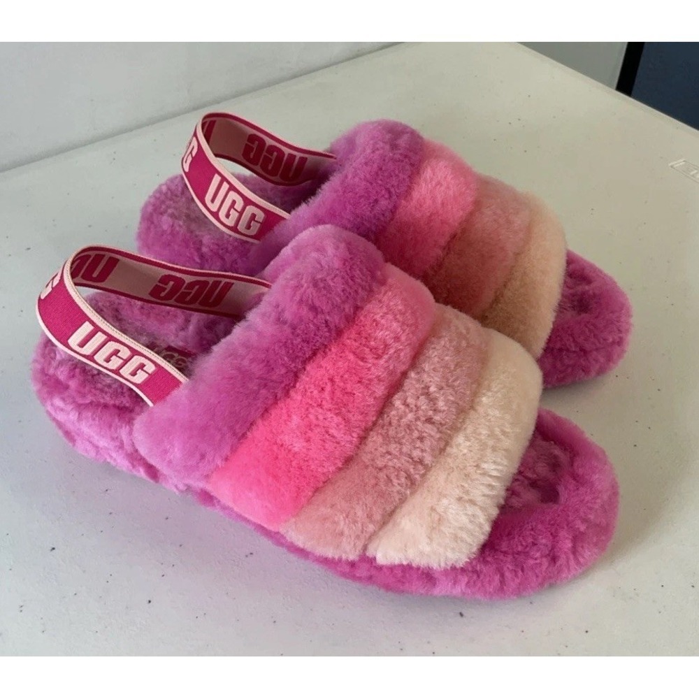 UGG Fluff Yeah Women's Hot‎ Pink multi tone Slippers with Logo Strap Sz 8 EUC
